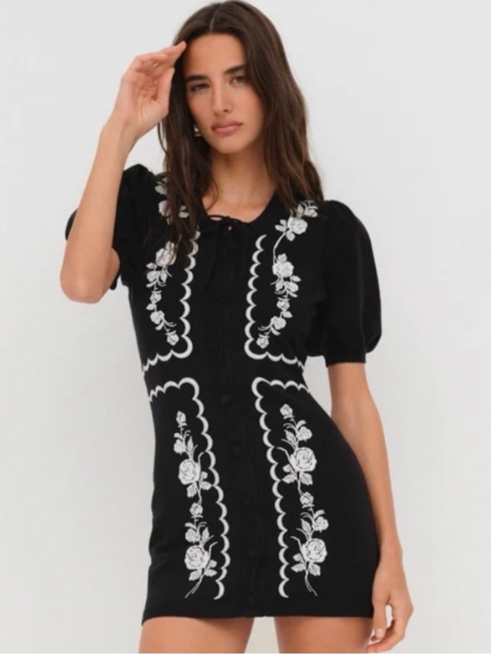 For Love And Lemons Black Mini Dress with White Floral Embroidery